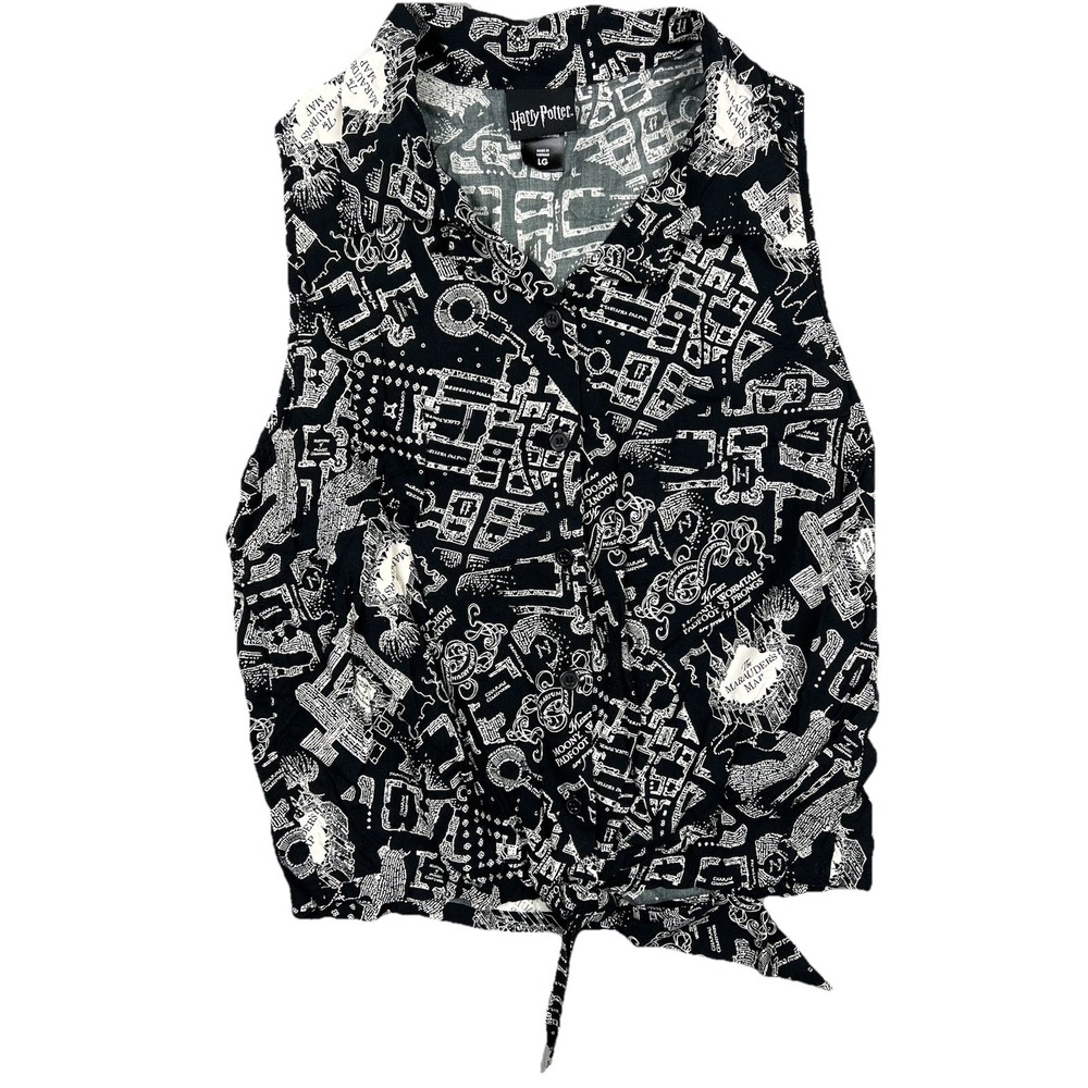 Harry Potter Marauders Map Black Sleeveless Button Up Tie Front Top Womens Large